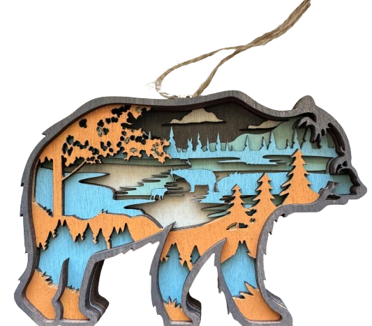 5 Layer Wood Cut Design Blue and Brown Bear Ornament