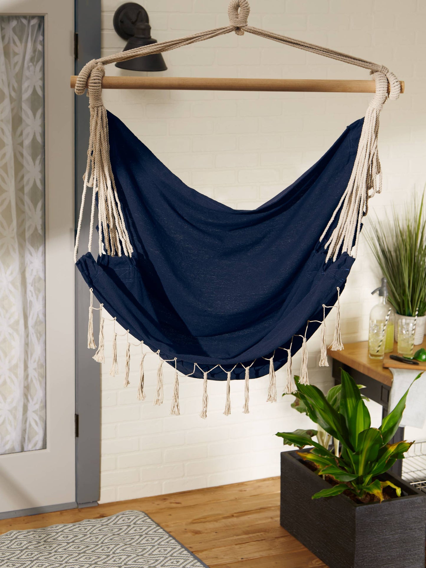 BLUE CHAMBRAY HAMMOCK CHAIR WITH FRINGE TRIM