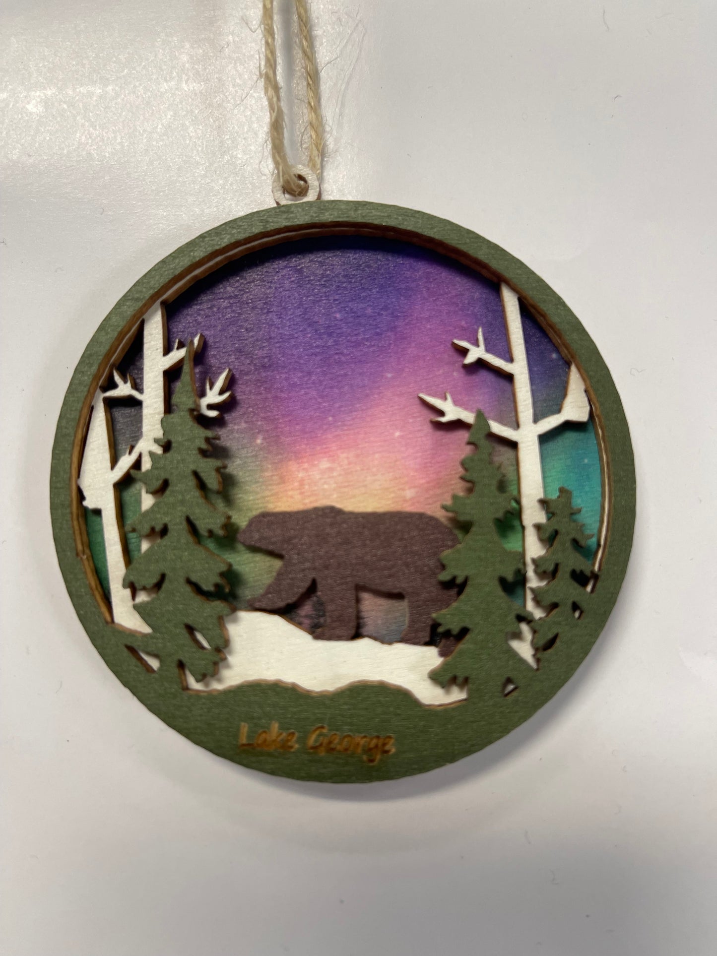 Customzed Lake George Wood Layered Northern Lights Bear - (Round ) Ornament