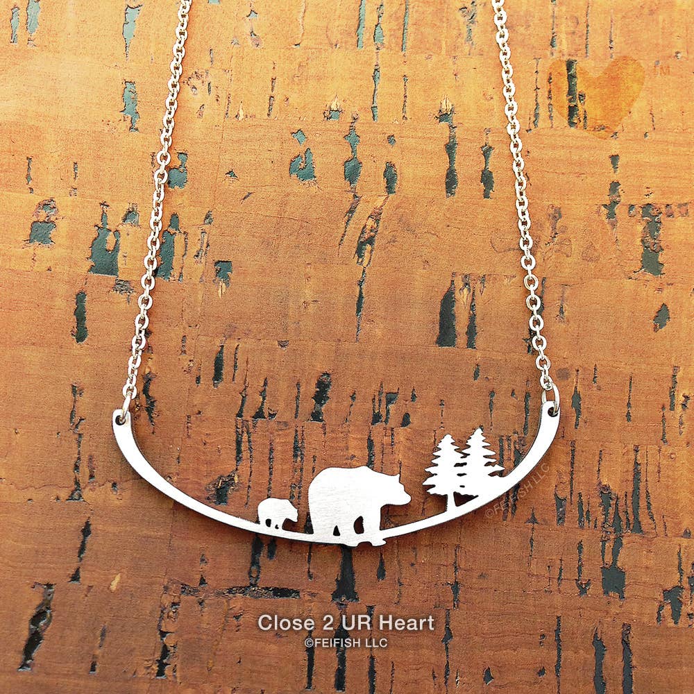Mother Bear and Cub Stainless Steel Necklace