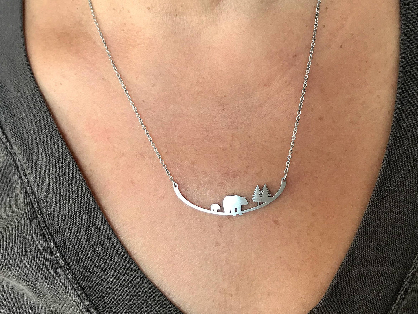 Mother Bear and Cub Stainless Steel Necklace