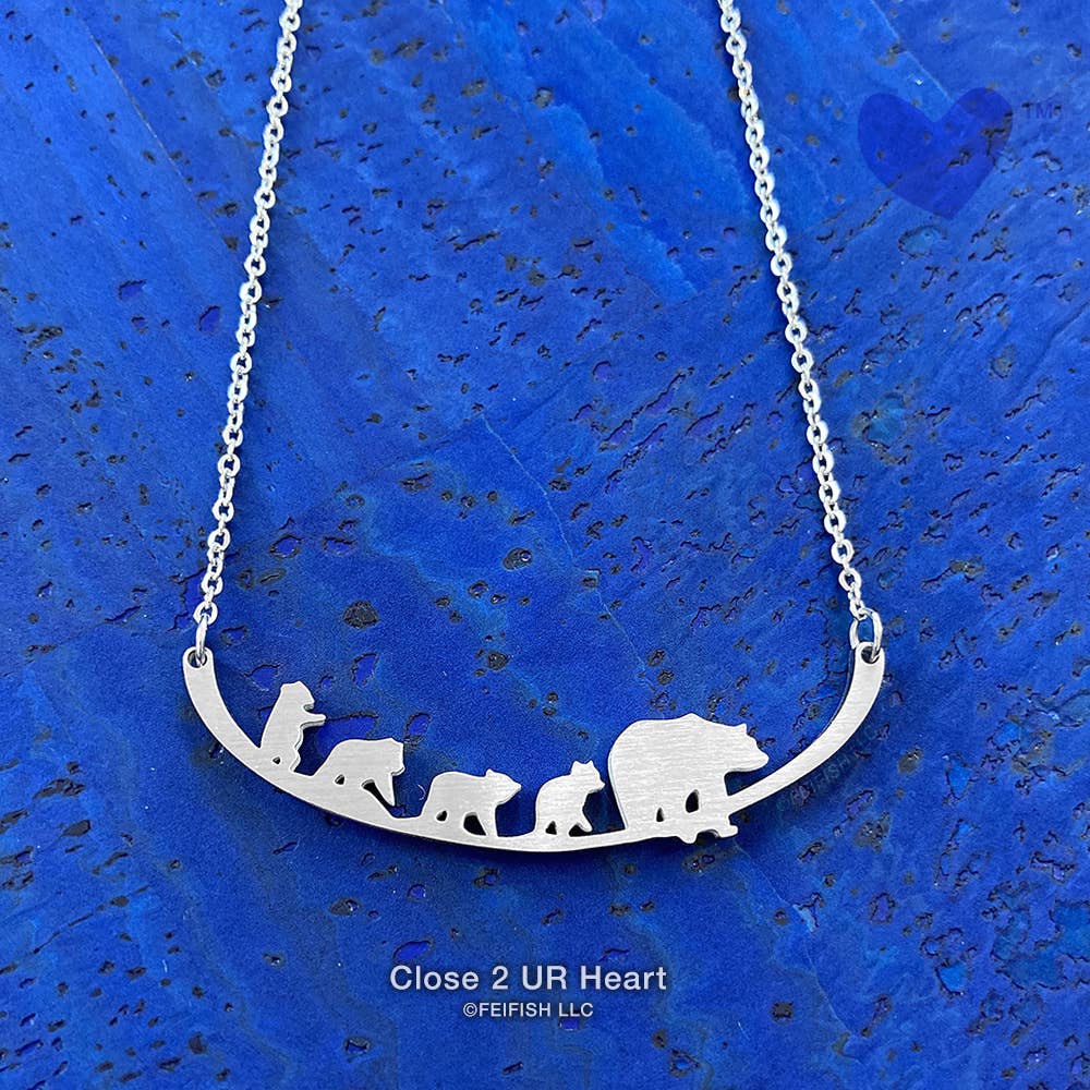 Mother Bear and 4 Cubs Stainless Steel Necklace
