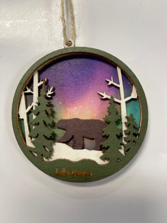 Customzed Lake George Wood Layered Northern Lights Bear - (Round ) Ornament
