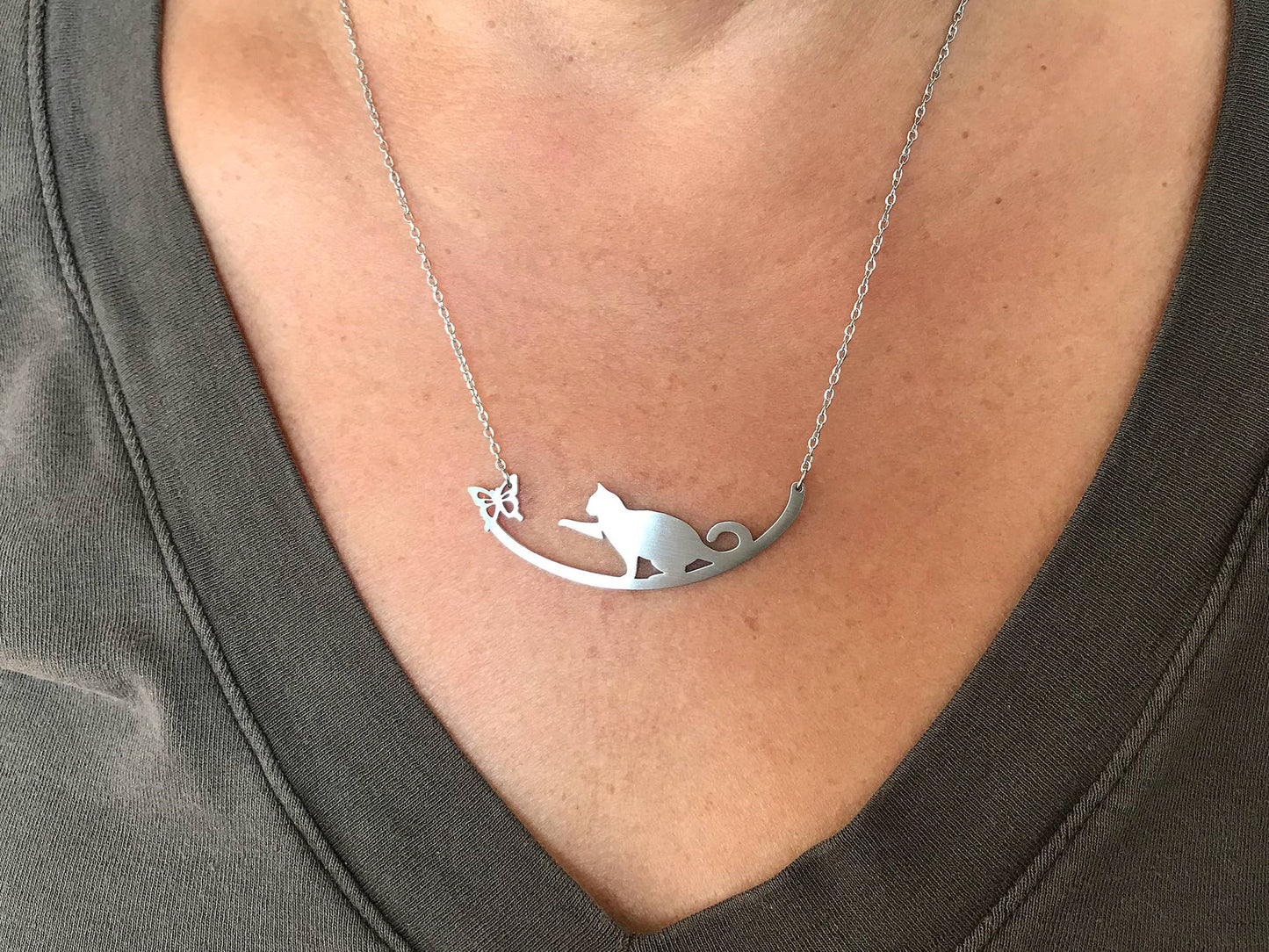 Cat with Butterfly Stainless Steel Necklace